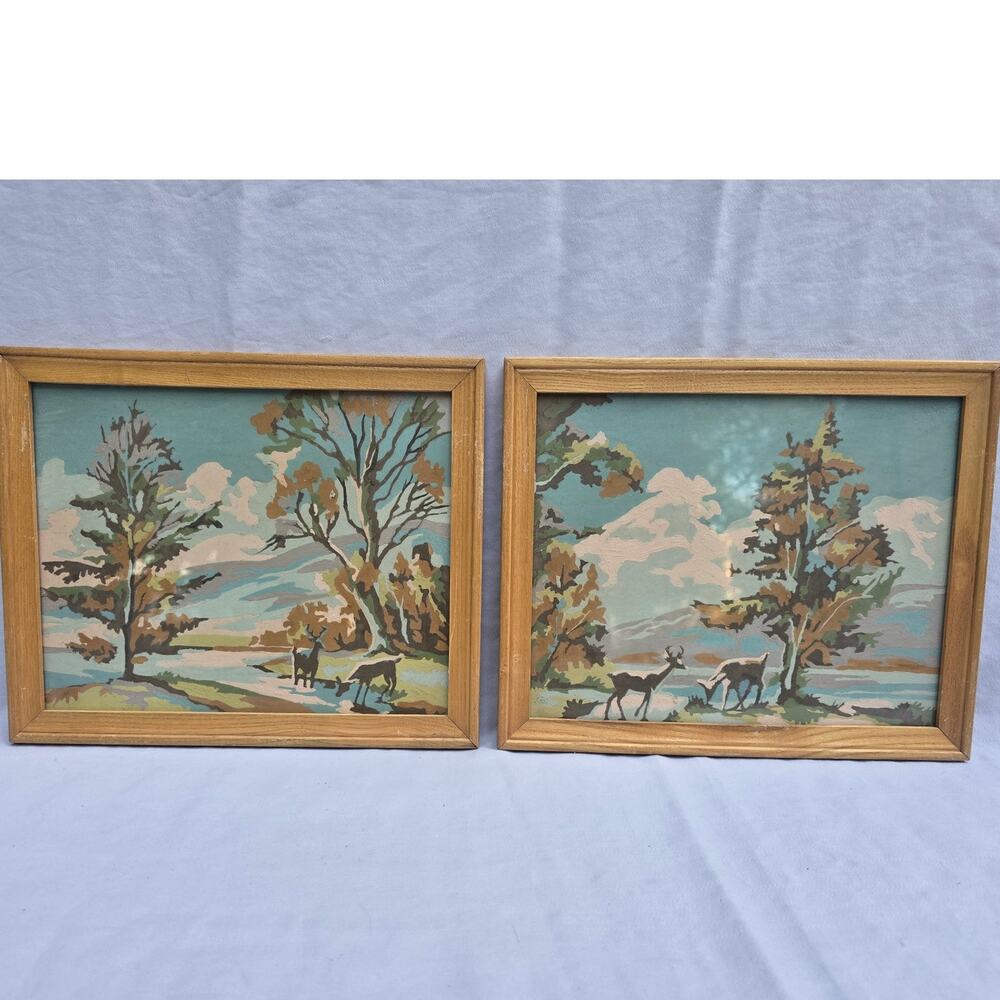Vintage Paint By Number Deer Landscape Paintings Framed Mid Century PBN Pair